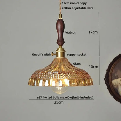 Vintage amber flower glass pendant lamp with brass hardware and dark walnut wooden handle for dining room lighting