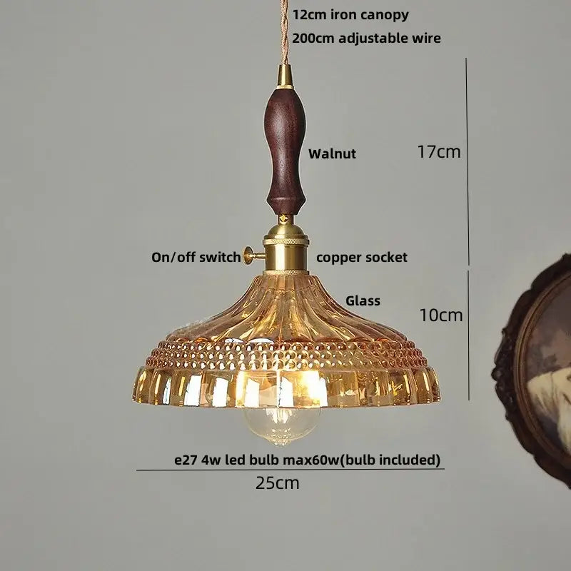 Vintage amber flower glass pendant lamp with brass hardware and dark walnut wooden handle for dining room lighting