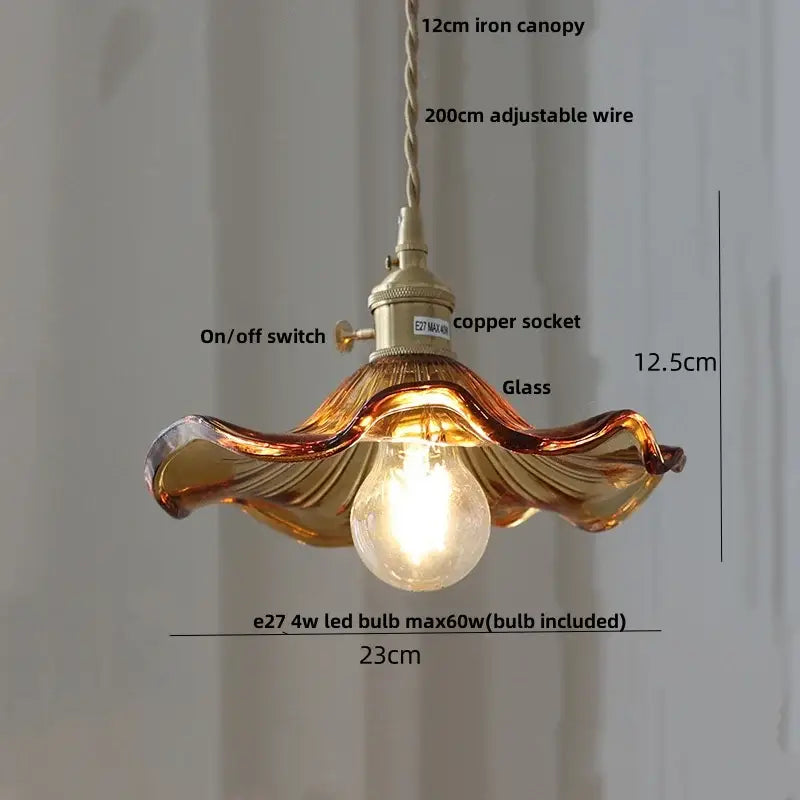 Vintage amber flower glass pendant lamp with warm amber glass and copper socket for dining room lighting