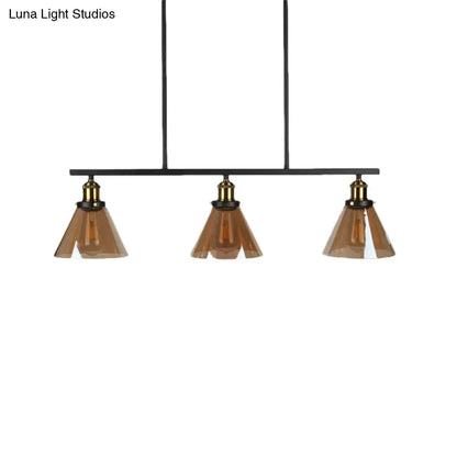 Black metal bar pendant light with three amber glass globe cone shades for 220v-240v dining room use
