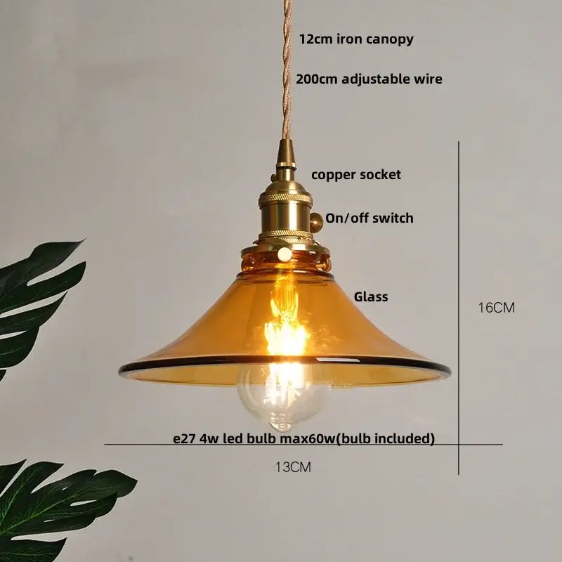 Vintage amber glass adjustable pendant light with brass copper socket and wire suspension for dining room use