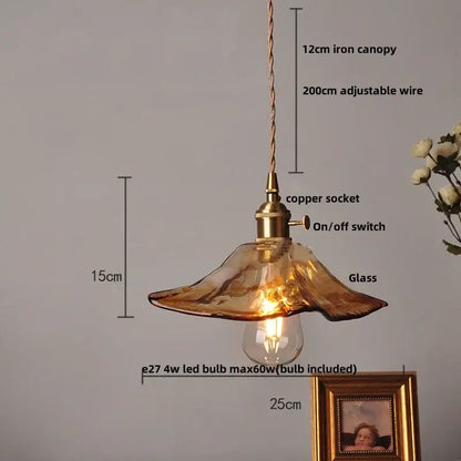 Vintage amber glass adjustable pendant light with brass copper socket and twisted iron canopy for dining room use