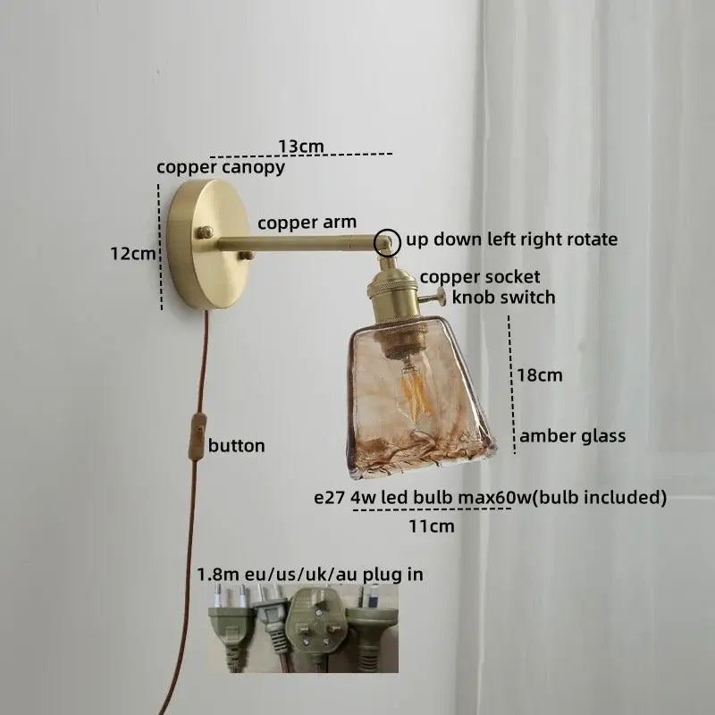 Vintage amber glass copper led wall lamp with brass finish and pull chain for bedroom lighting