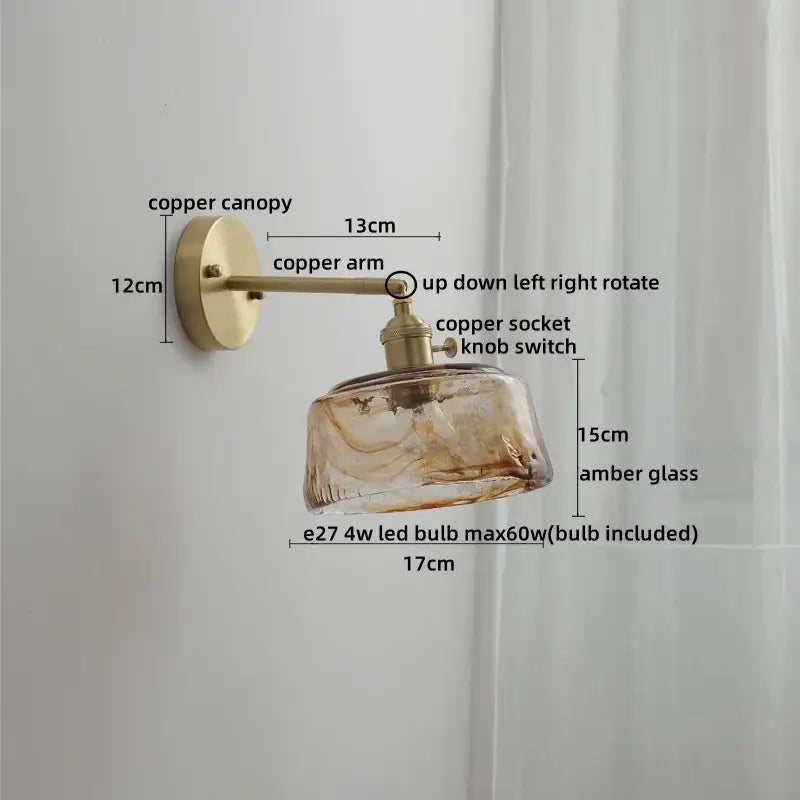 Vintage amber glass copper led wall lamp with brass finish and textured hand blown shade for bedroom lighting
