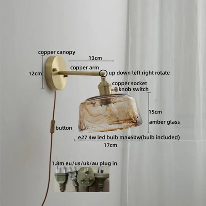Vintage amber glass copper led wall lamp with brass finish and hand-blown textured shade for bedroom use
