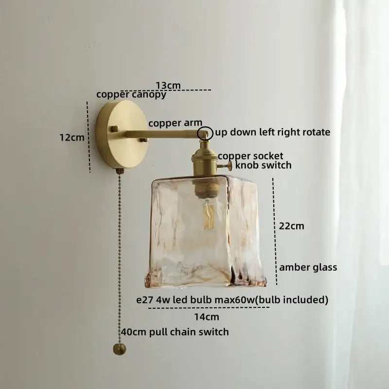 Vintage amber glass copper led wall lamp with brass finish and textured shade for bedroom use with pull chain