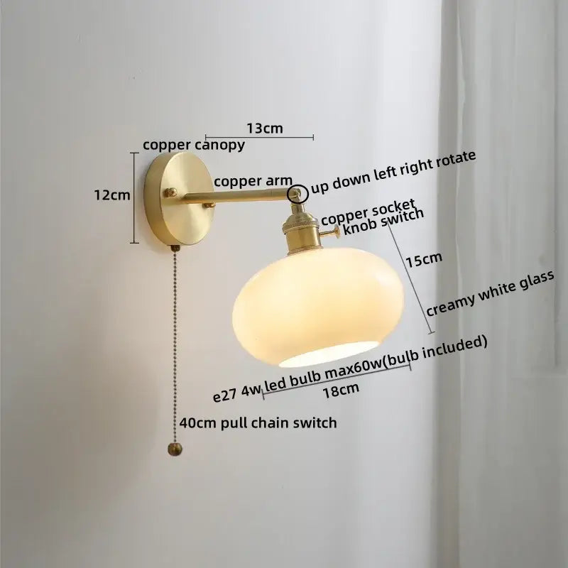 Vintage amber glass copper led wall lamp with pull chain featuring a creamy white shade and adjustable copper led wall arm