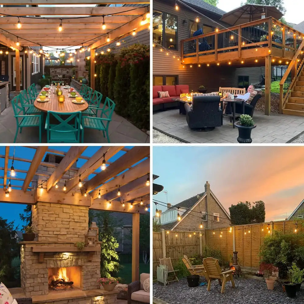 String of vintage amber glass dimmable e27 led edison bulbs draped over wooden pergolas and fences outdoors
