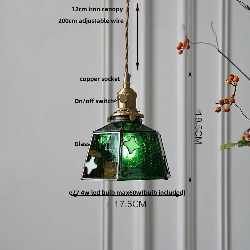 Green stained glass pendant light with brass copper socket and switch for vintage amber glass led pendant light use
