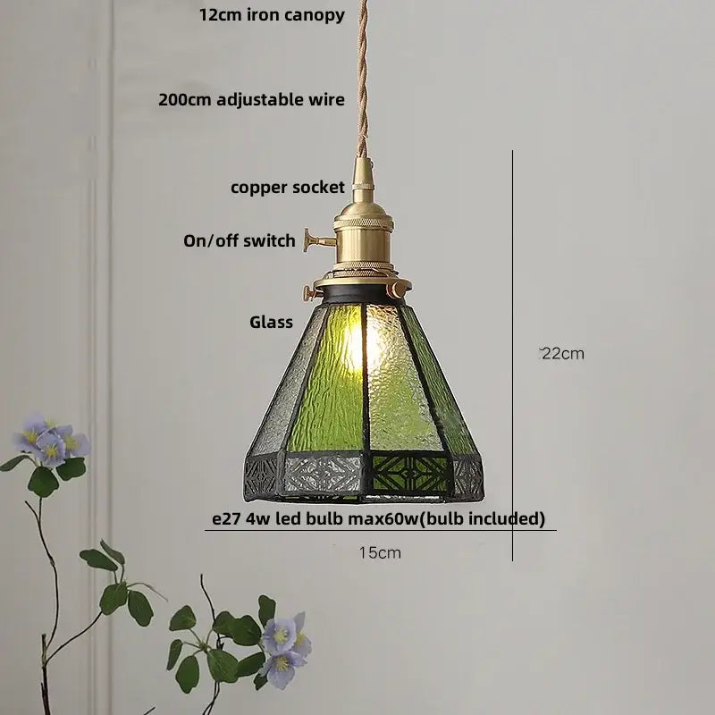 Vintage green stained glass led pendant light with brass accents and copper socket for dining room and kitchen