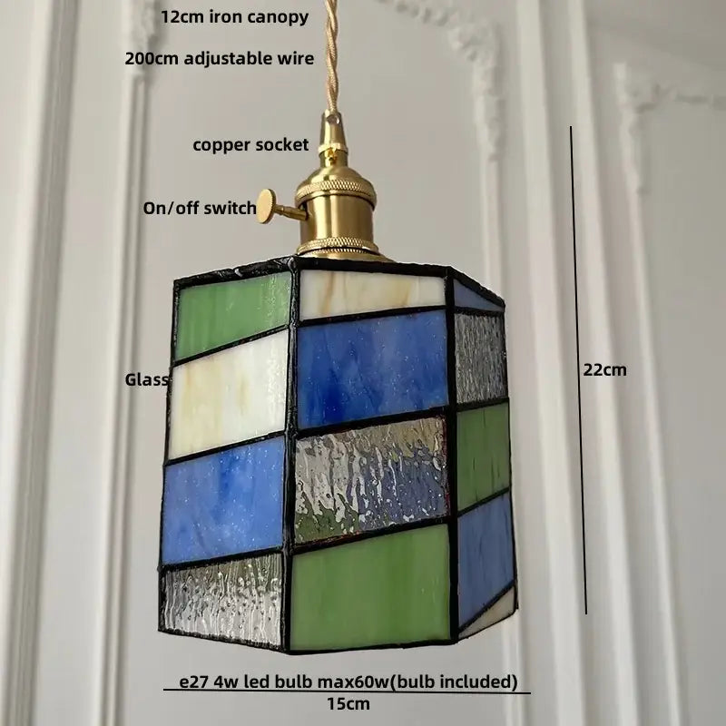 Rectangular stained glass led pendant light with brass-finished socket and colorful gray glass led panels for kitchen use