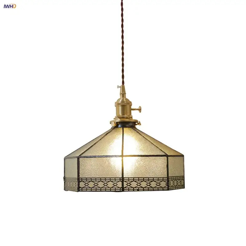 Vintage amber glass led pendant light with textured stained glass shade featuring geometric patterns for dining room