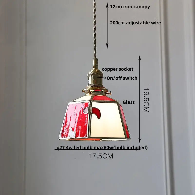 Vintage amber glass led pendant light with red and clear stained glass shade and brass hardware for dining room use