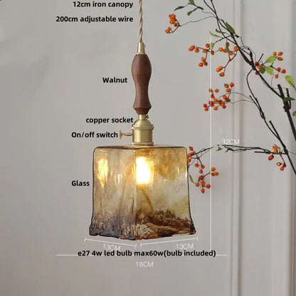 Vintage amber glass led pendant light with warm textured decorbites amber glass and dark walnut wooden handle