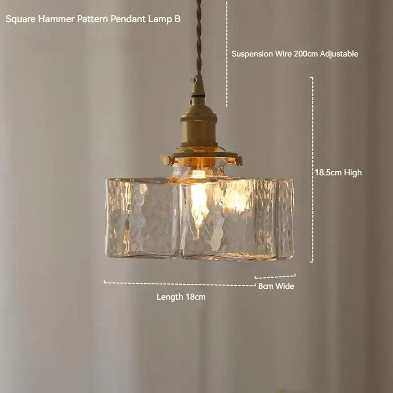 Vintage amber glass pendant light with square hammer pattern clear textured glass and polished brass hardware for dining room