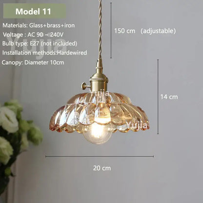 Vintage amber glass pendant light with scalloped design brass and iron hardware for kitchen island lighting