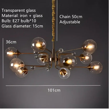 Modern brass-toned decorbites glass bubble chandelier with ten clear globes and adjustable 50cm chain for kitchen island light