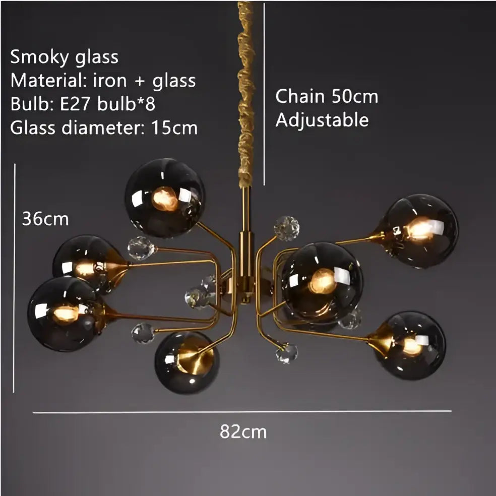 Vintage amber gold glass bubble chandelier with eight smoky glass globe bulbs and crystal accents for kitchen island lighting