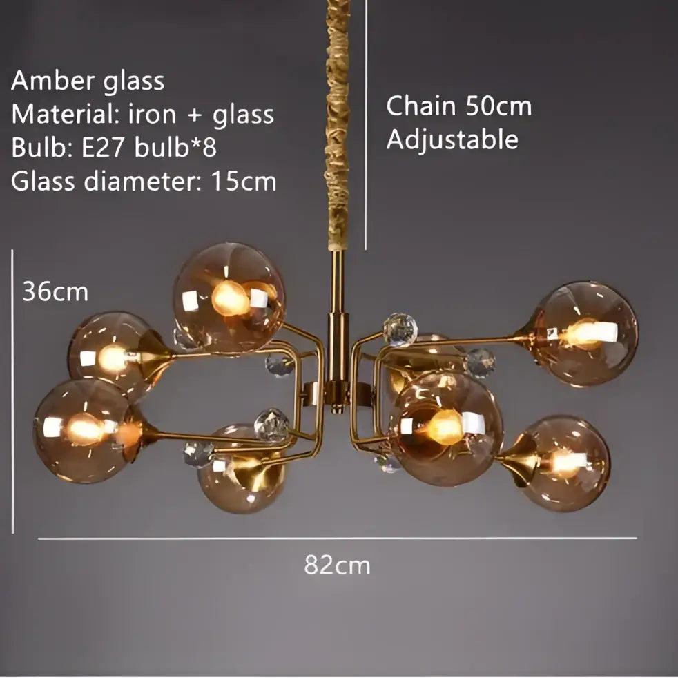 Vintage amber gold glass bubble chandelier with brass iron frame and eight e27 bulbs hanging on adjustable 50cm chain