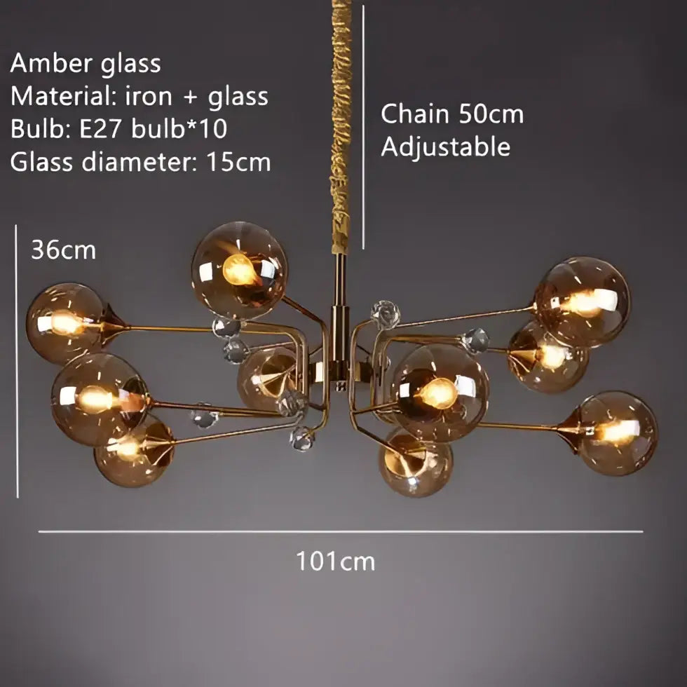 Vintage amber gold glass bubble chandelier with brass iron frame and crystal accents featuring ten e27 bulbs