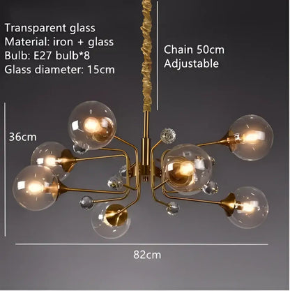 Vintage amber gold glass bubble chandelier with transparent glass spheres and crystal accents for kitchen island lighting