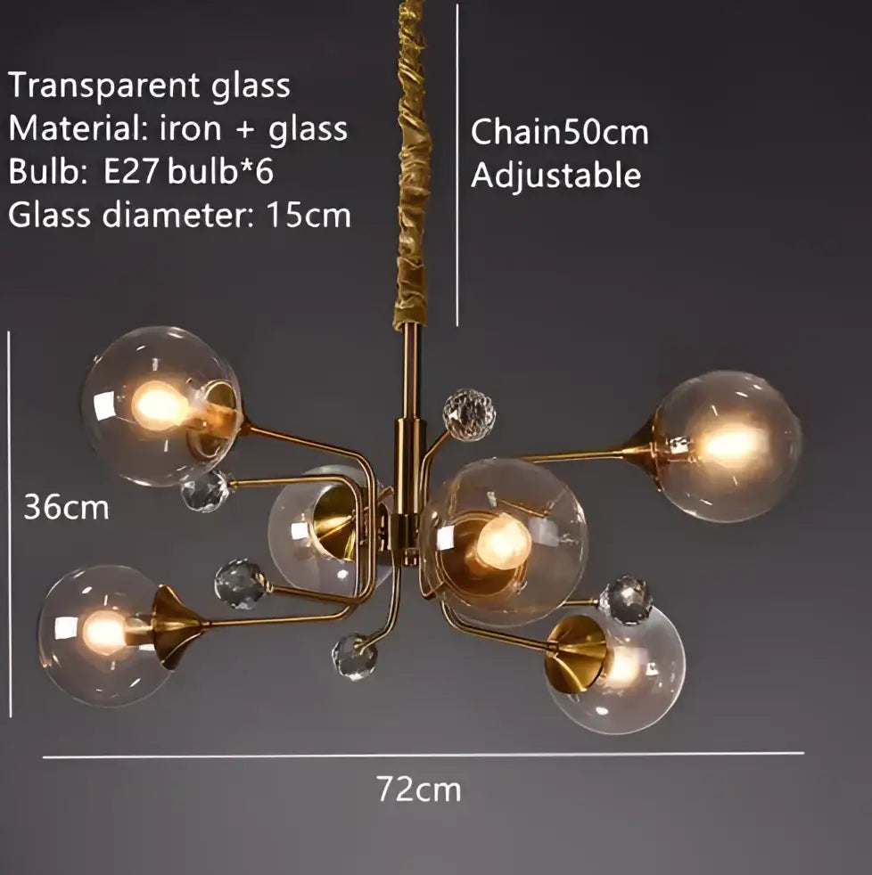 Vintage amber gold glass bubble chandelier featuring gold-toned metal and crystal accents for kitchen island lighting