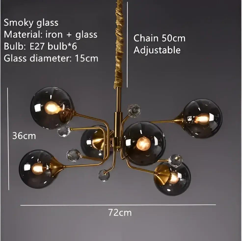 Vintage amber gold glass bubble chandelier kitchen island light with six smoked glass globes and crystal accents decorbites glass bubble