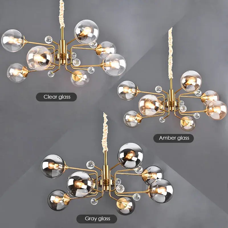 Vintage amber gold glass bubble chandelier with clear, amber, and gray spheres suspended from twisted rope pendant
