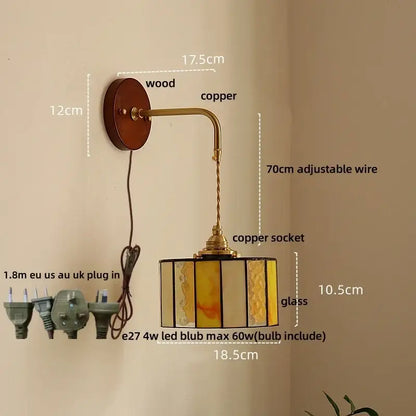 Vintage amber stained glass adjustable led wall lamp with wooden backplate copper arm for bedroom decorbites adjustable led wall lighting