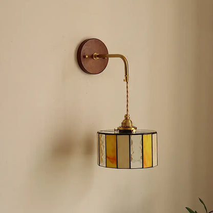 Vintage amber stained glass adjustable led wall lamp with brass finish and cylindrical shade for bedroom decorbites wall lamp