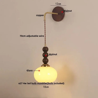 Vintage amber stained glass warm-toned wall lamp with copper hardware and walnut beads for decorbites adjustable led wall use