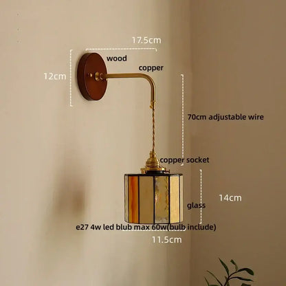 Vintage amber stained glass adjustable led wall lamp with wooden base copper arm for bedroom decorbites wall lamp