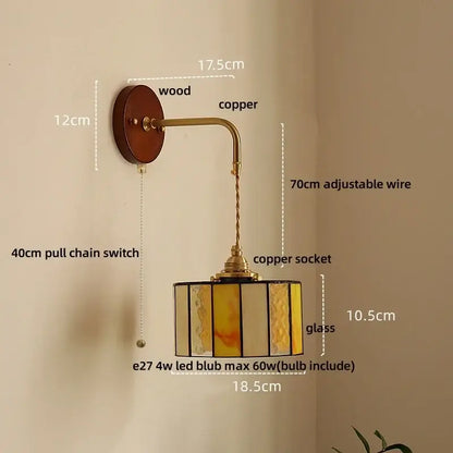 Vintage amber stained glass adjustable LED wall lamp with wooden backplate and copper arm for bedroom decorbites wall lamp