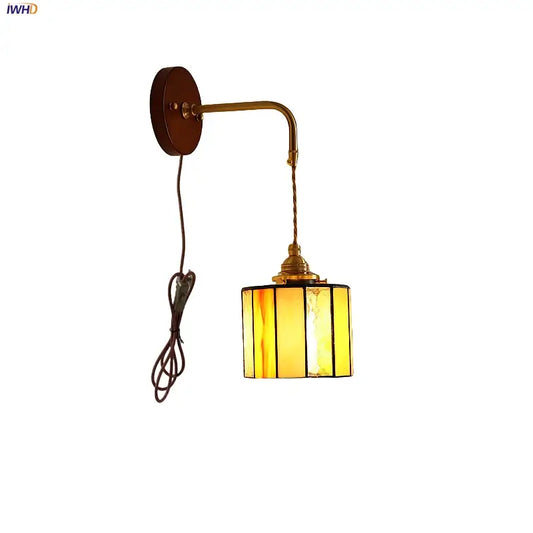 Vintage amber stained glass adjustable led wall lamp with brass arm and rectangular shade for bedroom decorbites adjustable led