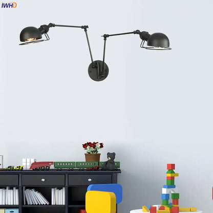 Vintage antique black wall lamp with matte finish and adjustable double arms for bedroom decorbites antique black style
