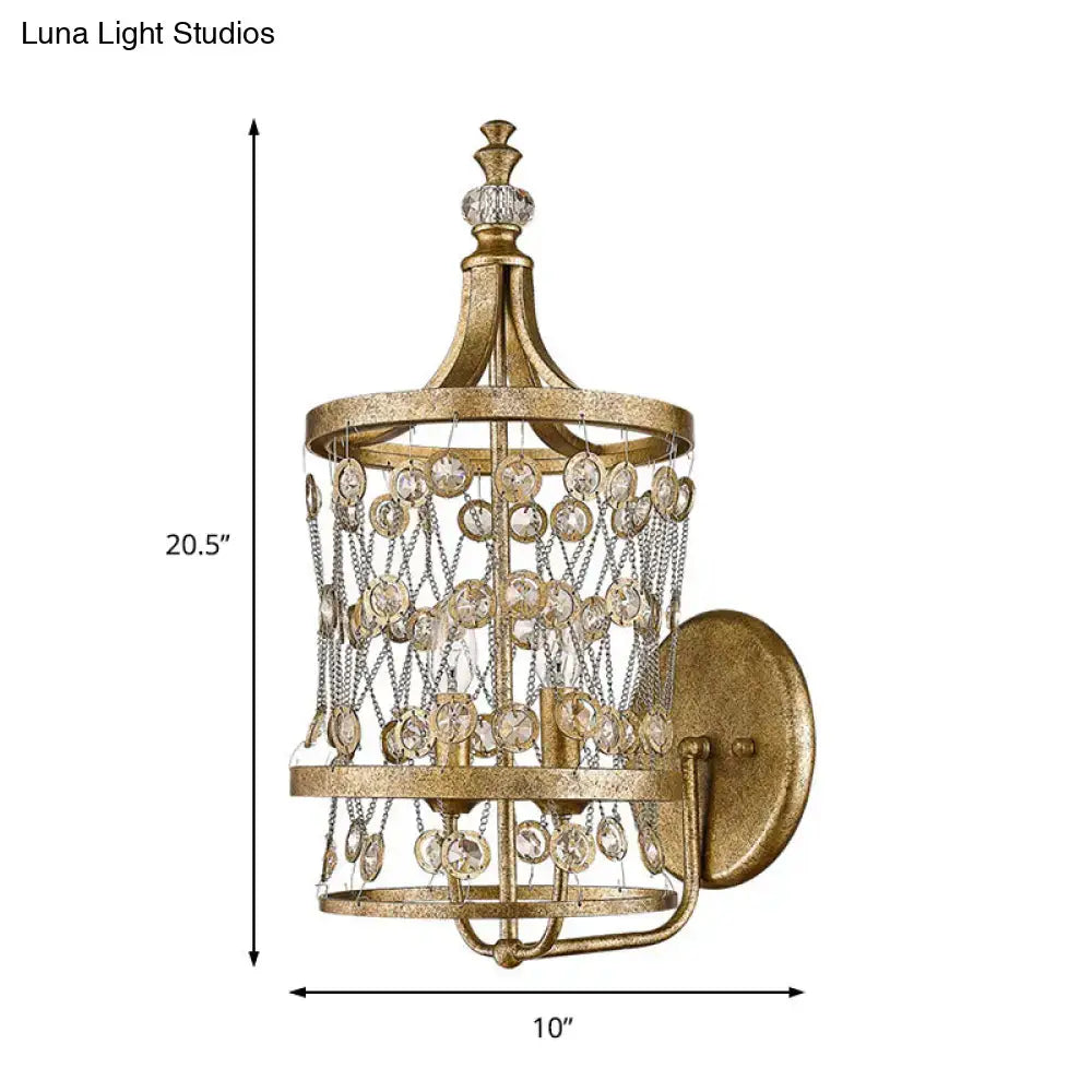 Vintage antique brass wall sconce with gold finish and cascading crystal beads compatible with e12 e14 bulb base