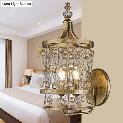 Vintage antique brass crystal wall sconce with cascading droplets and decorative finial for e12 e14 bulb base lighting