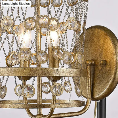 Vintage antique brass wall sconce with gold-toned chandelier, cascading crystal discs, chain details, e12 e14 bulb base