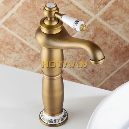 Vintage antique brass single hole bathroom faucet with cold water single handle and floral ceramic housing material