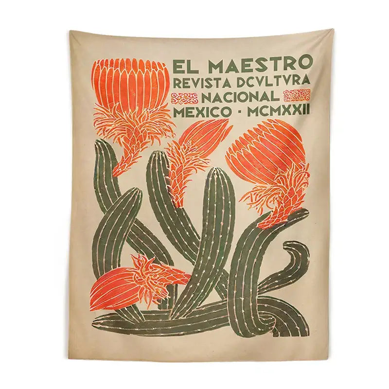 Beige decorbites cactus tapestry wall hanging with stylized green cacti and vintage text for living room decor