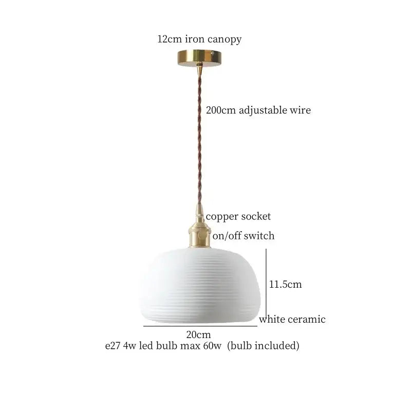 Vintage beige ceramic LED pendant lamp with ribbed texture and brass accents for kitchen or dining room decorbites beige ceramic