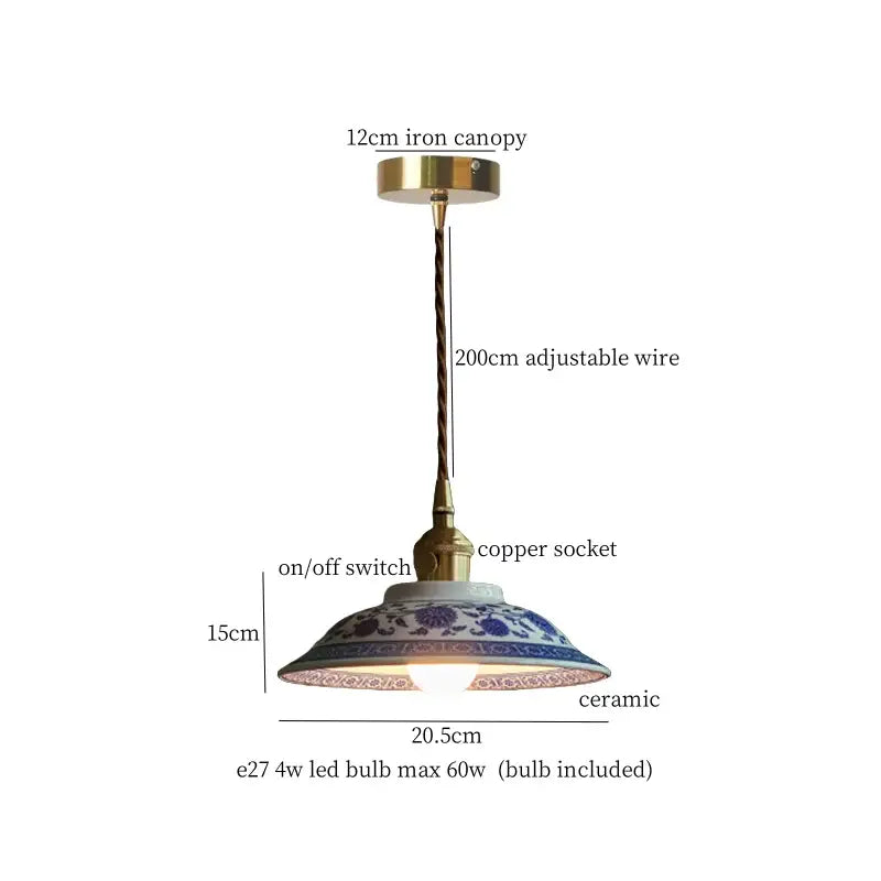 Vintage beige ceramic led pendant lamp with blue and white floral pattern, iron canopy, copper wire, and brass socket for kitchen decor