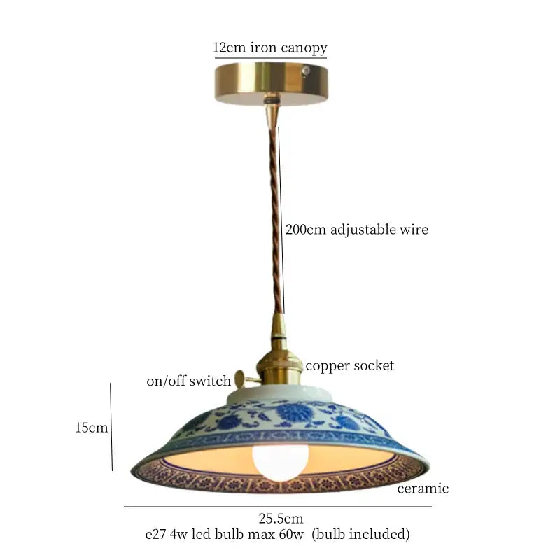 Vintage beige ceramic led pendant lamp with blue and white ceramic shade copper socket and brass iron canopy
