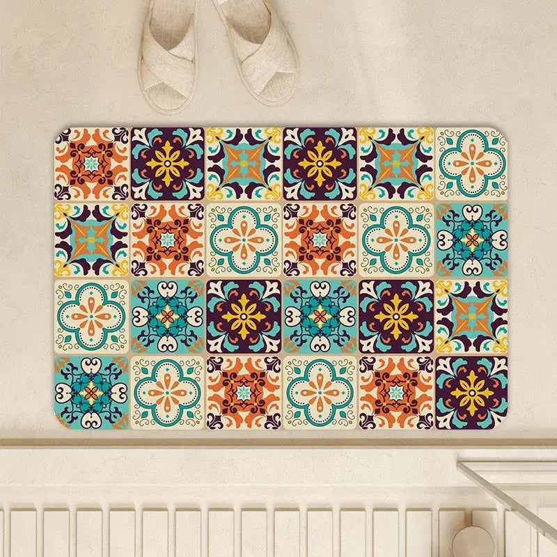 Vintage beige and cream absorbent bathroom mat with diatom ooze featuring a vibrant colorful tile pattern