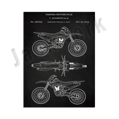 Black poster featuring white line drawings of yamaha dirt bike patent art for beige dirt bike decorbites bedroom wall decor