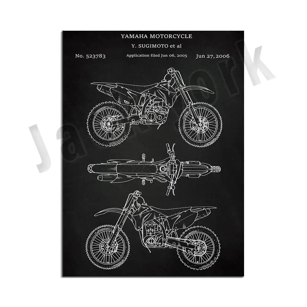 Black chalkboard vintage beige dirt bike patent art featuring yamaha motorcycle patent for decorbites dirt bike wall decor
