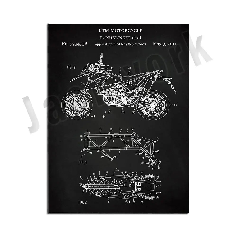 Black ktm motorcycle dirt bike patent blueprint poster with white line drawings in vintage beige dirt bike decorbites set of 6