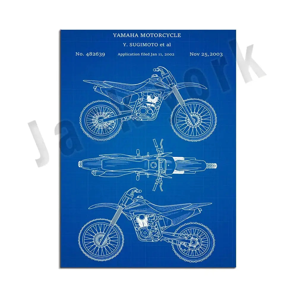 Blue yamaha motorcycle blueprint poster featuring three technical line drawings of a dirt bike for decorbites dirt bike decor