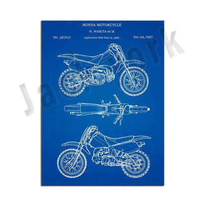 Blue honda dirt bike patent blueprint poster with three technical line drawings for decorbites dirt bike wall decor