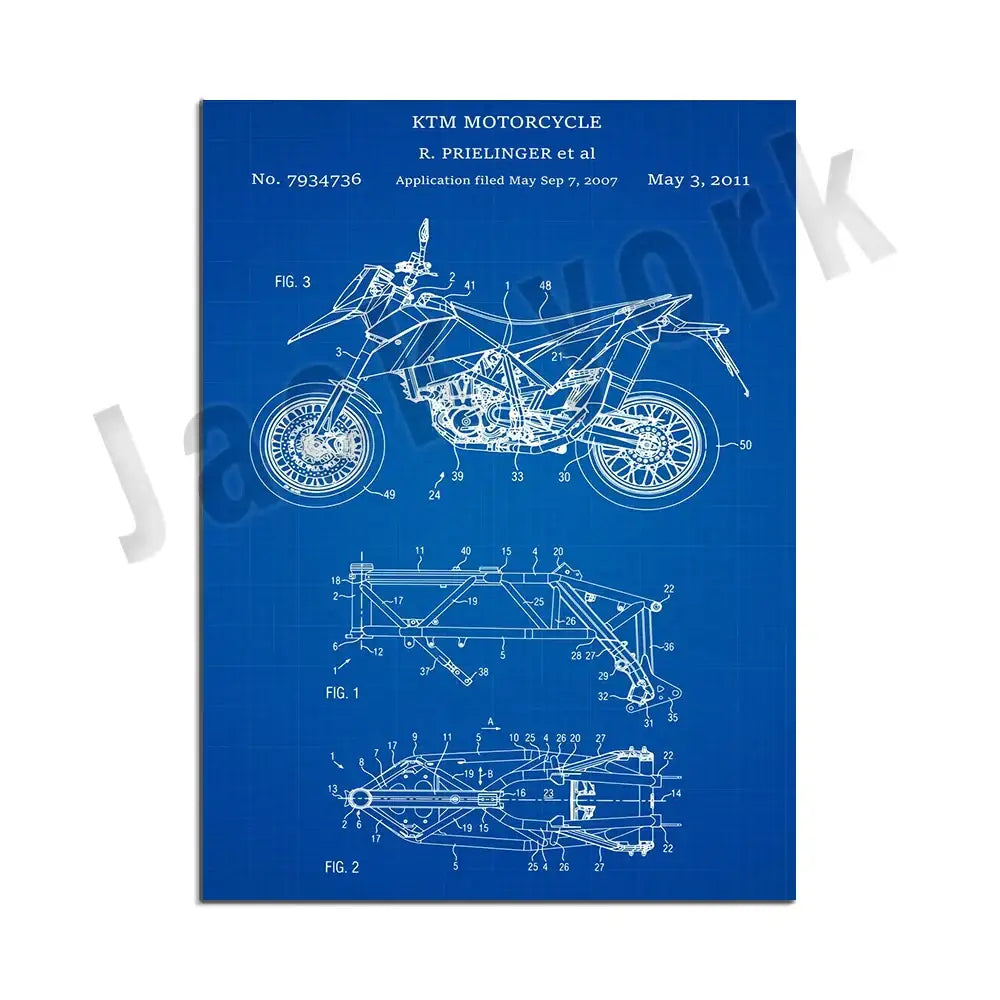 Blue blueprint style dirt bike patent poster with white ktm motorcycle technical drawing for decorbites decor